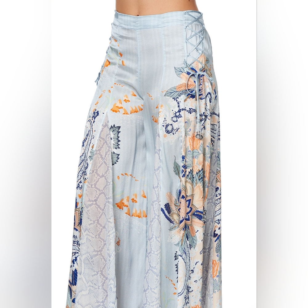 B3. NWOT CAMILLA FRASER FANTASIA SILK FLARE PANTS WITH LACE UP SIDE - Picture 7 of 16